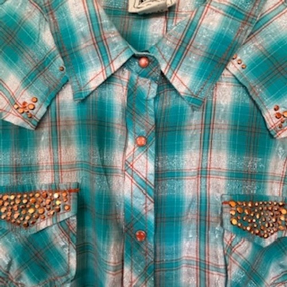 Ariat Fitted Western Shirt Womens Plaid Turquoise Copper Studded Blouse Sz XXL